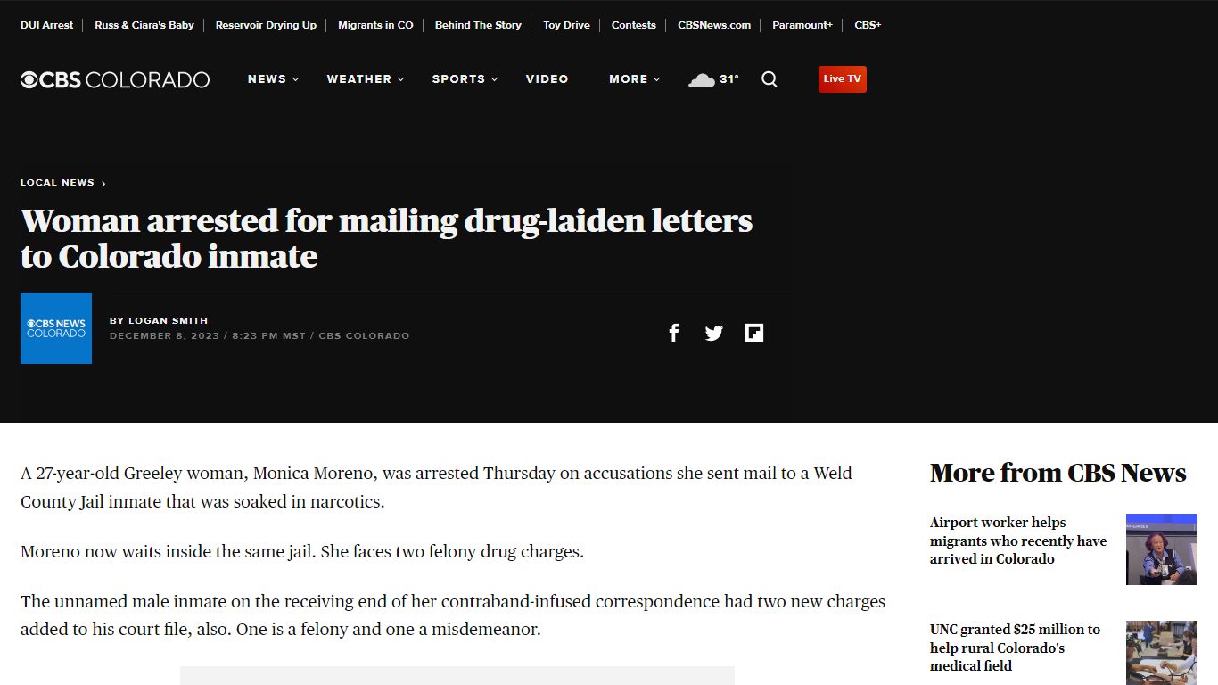 Woman arrested for mailing drug-laiden letters to Colorado inmate